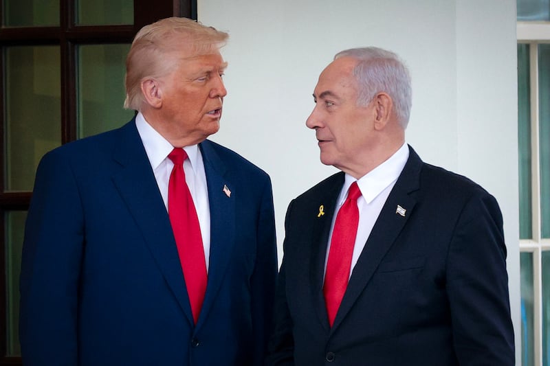 President Donald Trump greets Israeli Prime Minister Benjamin Netanyahu as he arrives at the White House on April 07, 2025 in Washington, DC.