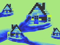 A photo illustration of hands holding houses made from blocks