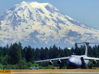 A C-5 Galaxy aircraft taxis on the airfield at Joint Base Lewis-McChord, Washington, where Harrod was stationed at the time of the abuse.