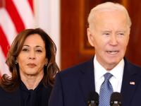 WASHINGTON, DC - JANUARY 15: U.S. Vice President Kamala Harris looks on as U.S. President Joe Biden delivers remarks on the recently announced cease-fire deal between Israel and Hamas in the Cross Hall of the White House on January 15, 2025 in Washington, DC. The multiphase cease-fire deal, brokered by the United States, Qatar and Egypt, commits Israel and Hamas to end the war in Gaza after 15 months. (Photo by Anna Moneymaker/Getty Images)