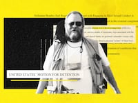 A photo illustration featuring Bradley Earl Reger overlaid with excerpts from prosecutors’ motion for detention