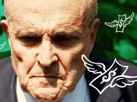 Rudy Giuliani looking dour on a green background with illustrations of money flying away.