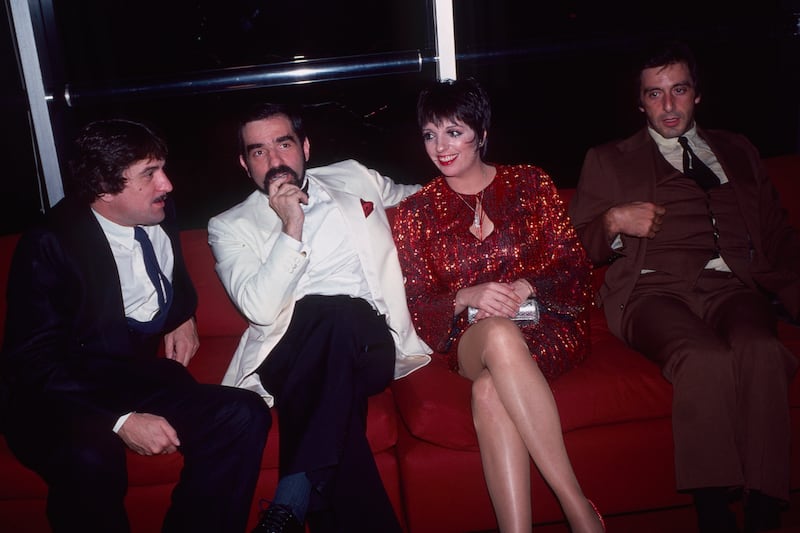American actor Robert De Niro, film director Martin Scorsese, and actors Liza Minnelli & Al Pacino 1981