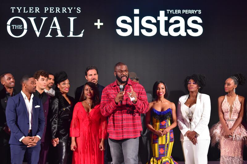 Tyler Perry (C) and Cast of Sistas and The Oval