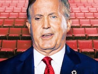 A photo illustration of Ken Paxton and empty stadium seats for The Swamp.
