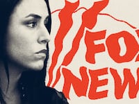 Photo illustration of Andrea Tantaros with a distorted red Fox News logo in the background.