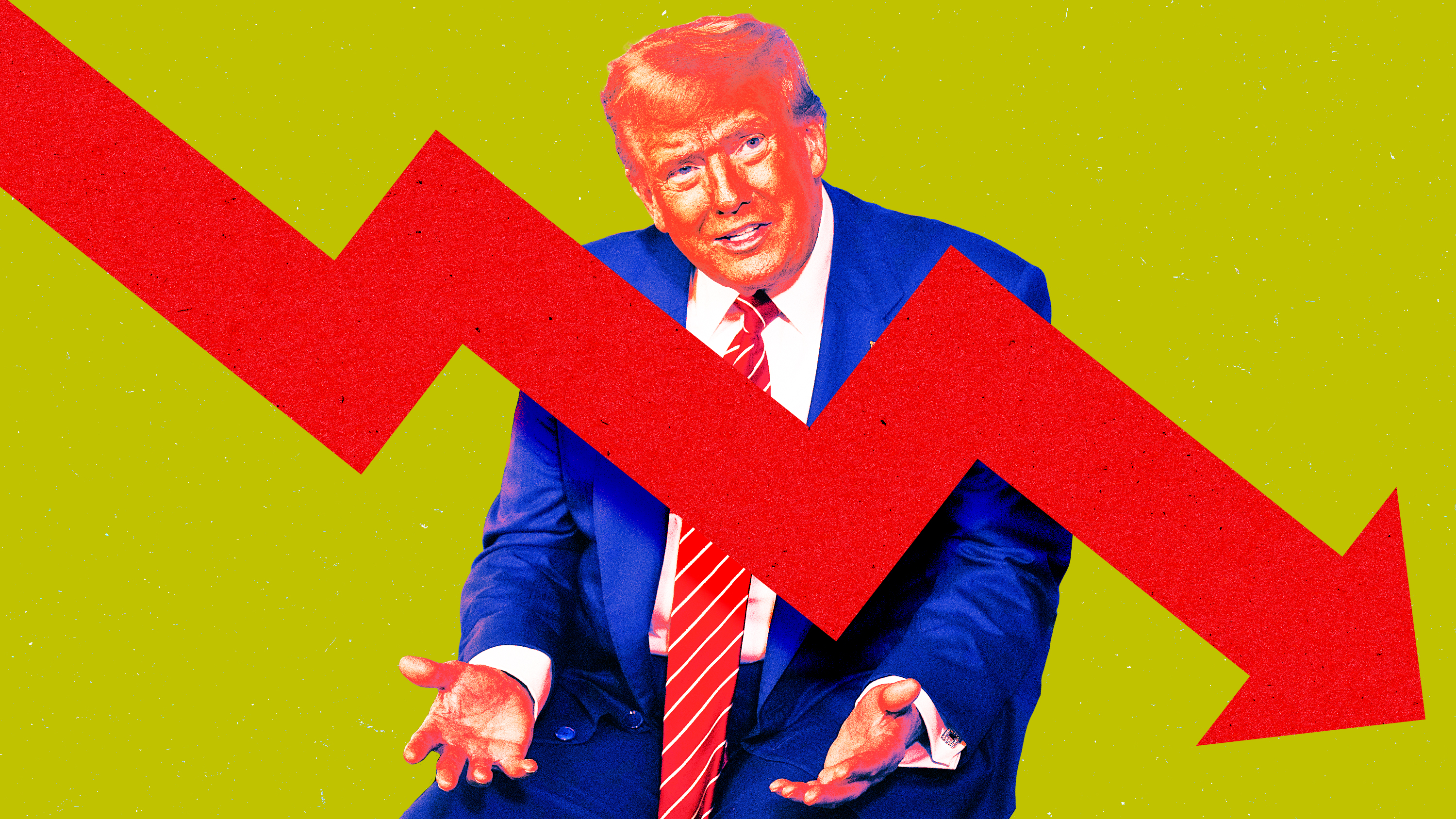 A photo illustration of Donald Trump and a falling red arrow.