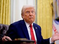 President Donald Trump gestures while speaking during an executive order signing event in the Oval Office of the White House on March 31, 2025