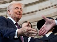 President Donald Trump shakes hands with Chief Justice John Roberts after being sworn in as the 47th president of the United States during inauguration ceremonies in the Rotunda of the U.S. Capitol.
