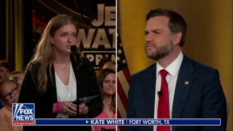 Kate White, vice president of Texas Christian University’s Turning Point USA chapter, asked the question.