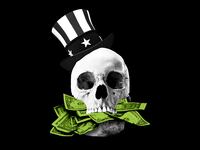 Black and white skull with Uncle Sam hat with green money coming out of mouth