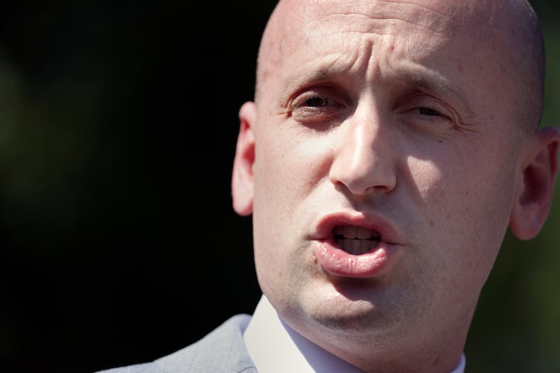 WASHINGTON, DC - APRIL 28: Deputy Chief of Staff Stephen Miller speaks to members of the media outside of the White House on April 28, 2025 in Washington, DC. Wednesday of this week will mark the first 100 days of U.S. President Donald Trump’s second term. (Photo by Alex Wong/Getty Images)