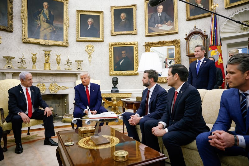 U.S. President Donald Trump meets with Israeli Prime Minister Benjamin Netanyahu (L) in the Oval Office of the White House on April 7, 2025 in Washington, DC. President Trump is meeting with Netanyahu to discuss ongoing efforts to release Israeli hostages from Gaza and newly imposed U.S. tariffs. Also pictured are (L-R) U.S. Vice President J.D. Vance, Secretary of State Marco Rubio, U.S. National Security Adviser Michael Waltz, and Defense Secretary Pete Hegseth.