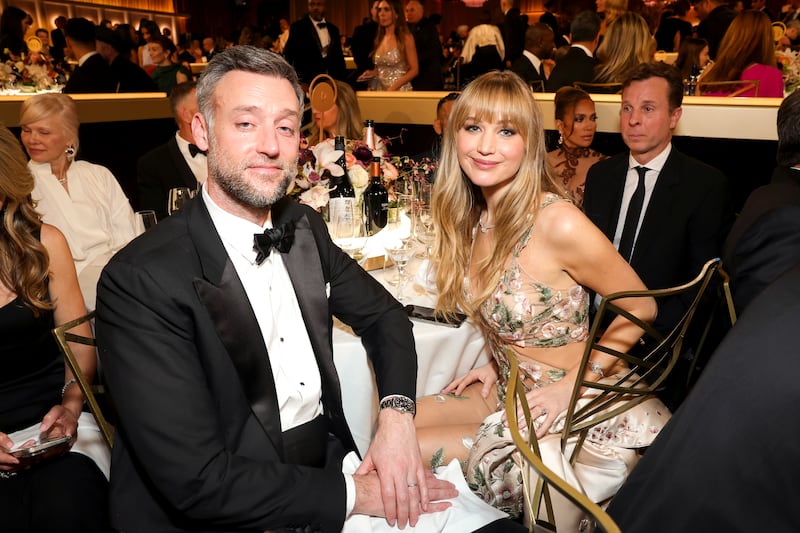 Cooke Maroney and Jennifer Lawrence attend the 83rd Annual Golden Globe Awards at the Beverly Hilton on January 11, 2026, in Beverly Hills, California.