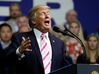U.S. President Donald Trump speaks at a campaign rally for Senator Luther Strange in Huntsville