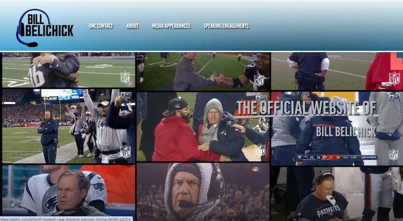 A screen shot of Bill Belichick's website.