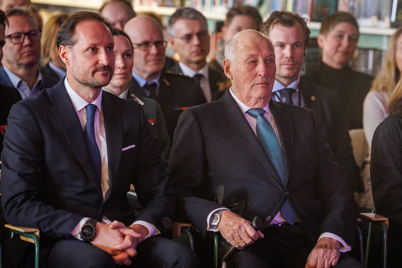 OSLO, NORWAY - FEBRUARY 11: His Royal Highness Crown Prince Haakon Magnus (L) and His Majesty King Harald of Norway attend the opening of the Total Defence Year 2026 on February 11, 2026 in Oslo, Norway. (Photo by Per Ole Hagen/Getty Images)