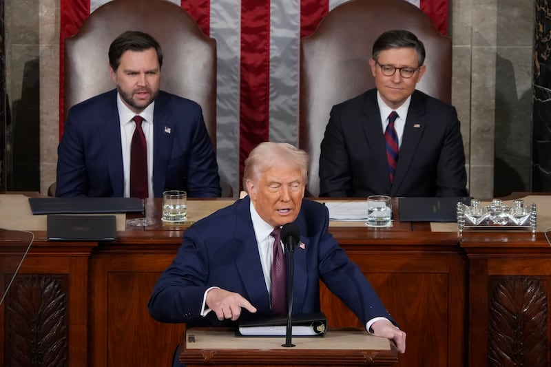 WASHINGTON, DC - MARCH 04: U.S. President Donald Trump addresses a joint session of Congress at the U.S. Capitol on March 04, 2025 in Washington, DC. Vice President JD Vance and Speaker of the House (R-LA) applaud behind. President Trump was expected to address Congress on his early achievements of his presidency and his upcoming legislative agenda. (Photo by Andrew Harnik/Getty Images)