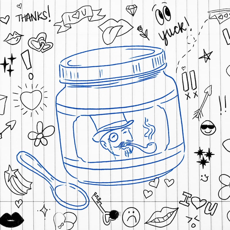 Photo illustration of a lined notebook with high school doodles about love drawn and a bottle of baby food with a rich person drawn on