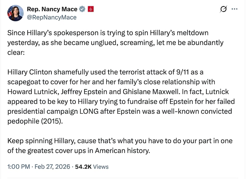 One of multiple posts from Rep. Nancy Mace on X about the Hillary Clinton deposition.
