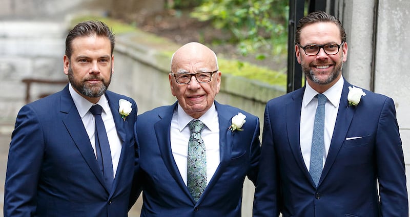 Rupert Murdoch with his sons Lachlan Murdoch, left, and James Murdoch, right, at the media mogul’s wedding to Jerry Hall in 2016.