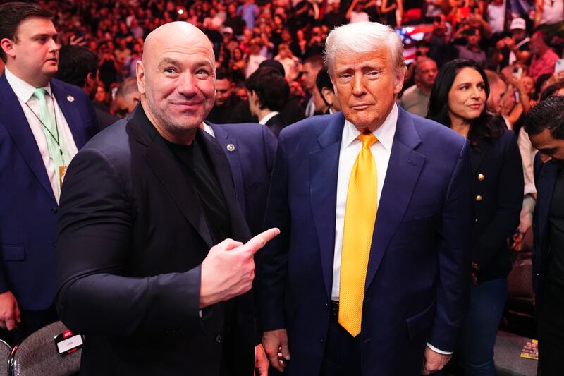 Donald Trump attends the UFC 314 event alongside UFC President and CEO Dana White at Kaseya Center on April 12, 2025 in Miami, Florida.