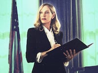 An illustration including a photo of a Uma Thurman in the television show Red, White & Royal Blue on Amazon Video