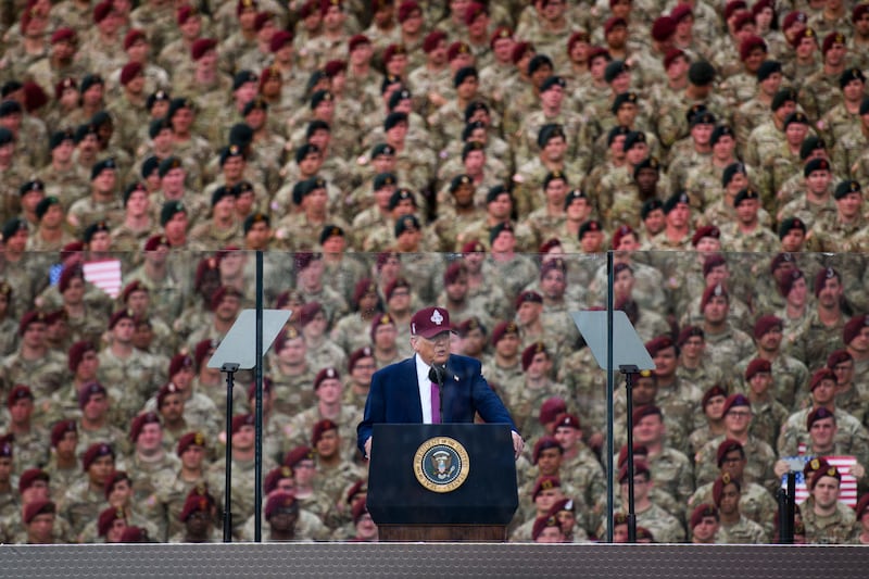 President Donald Trump addresses a crowd of military members during a celebration of the 250th anniversary of the U.S. Army on June 10, 2025 in Fort Bragg, North Carolina.