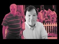 A photo composite of murder suspect Rex Heuermann and investigators outside his Massapequa Park house.