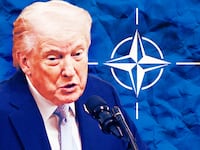 A photo illustration of Trump and a crumpled NATO flag.