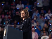 Democratic presidential nominee Vice President Kamala Harris speaks during a rally at the Dort Financial Center on October 04, 2024 in Flint, Michigan.