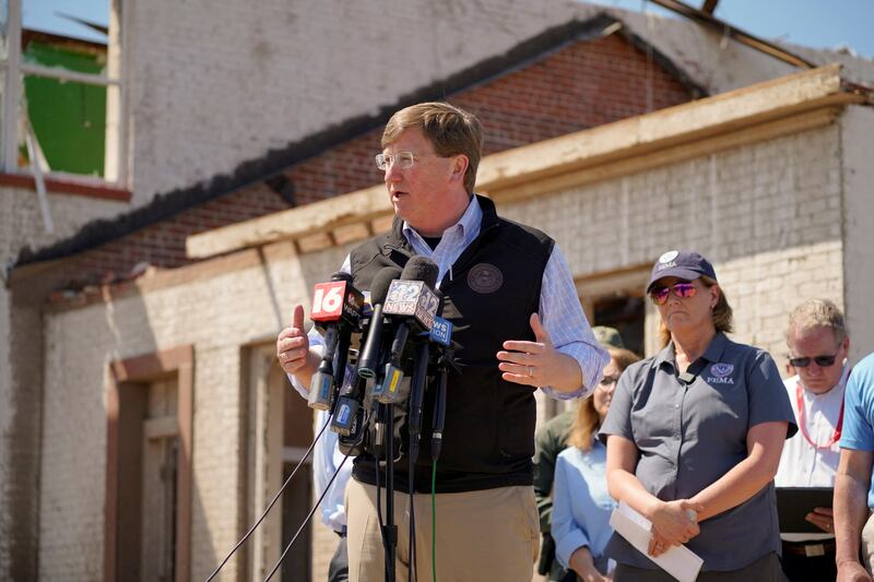 Mississippi Governor Tate Reeves holds a press conference in the town of Rolling Fork after thunderstorms spawning high straight-line winds and tornadoes ripped across the state