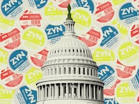 Photo illustration of the US Capitol Building with ZYN packets behind it