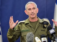 Israeli army spokesman Rear Admiral Daniel Hagari speaks to the press from the Israeli Ministry of Defence.