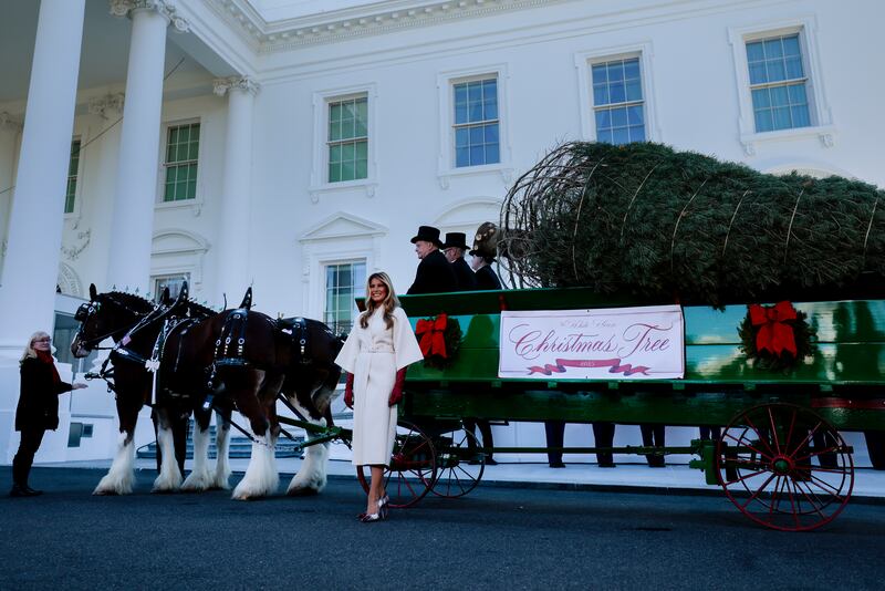 First lady Melania Trump welcomes the official 2025 White House Christmas Tree outside the North Portico of the White House on November 24, 2025 in Washington, DC.