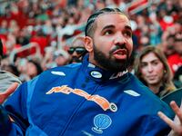 Rapper, songwriter, and icon Drake attends a game between the Houston Rockets and the Cleveland Cavaliers.