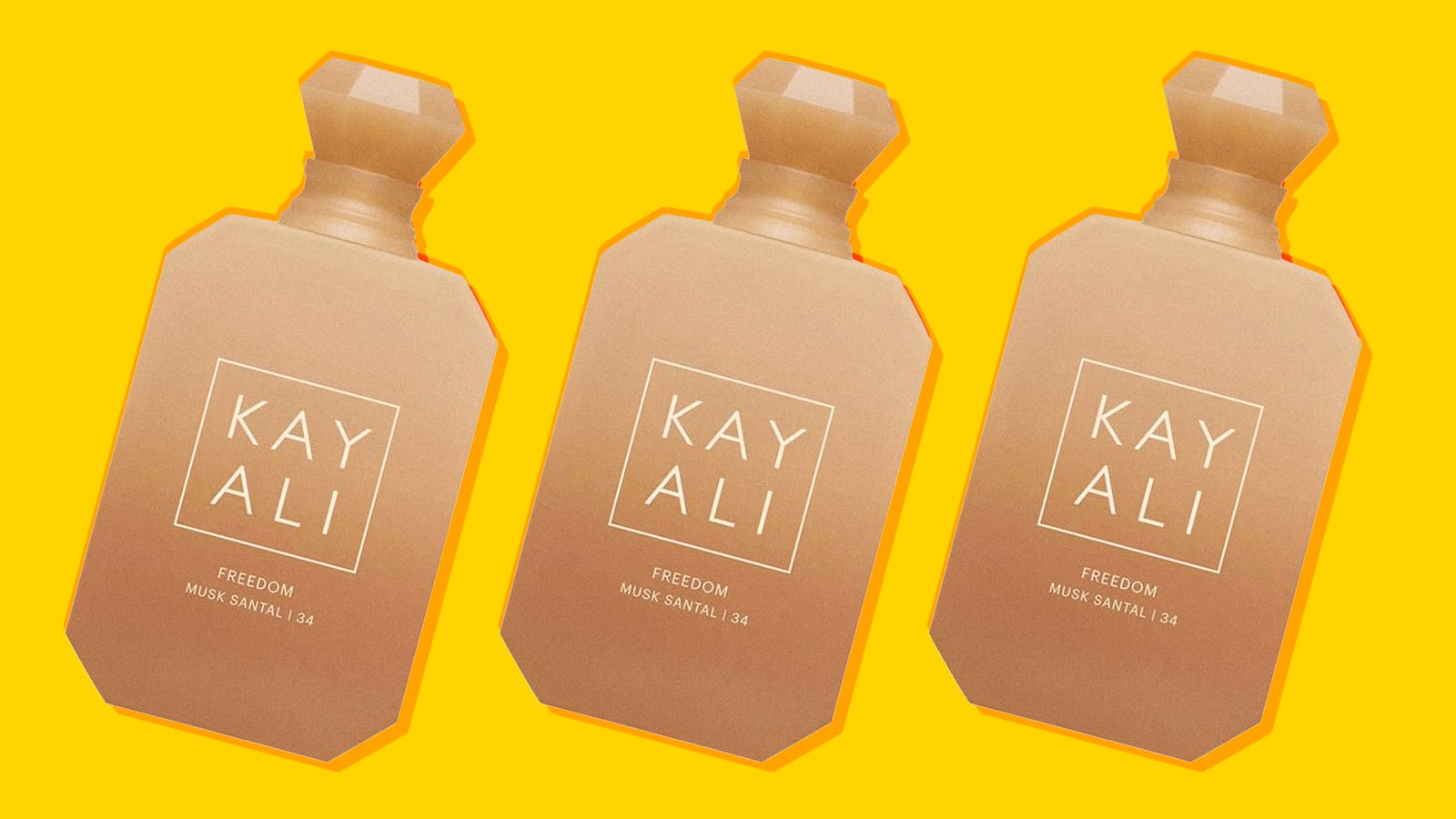 A photo illustration for Looker for Kayali’s Freedom Musk Santal 34.