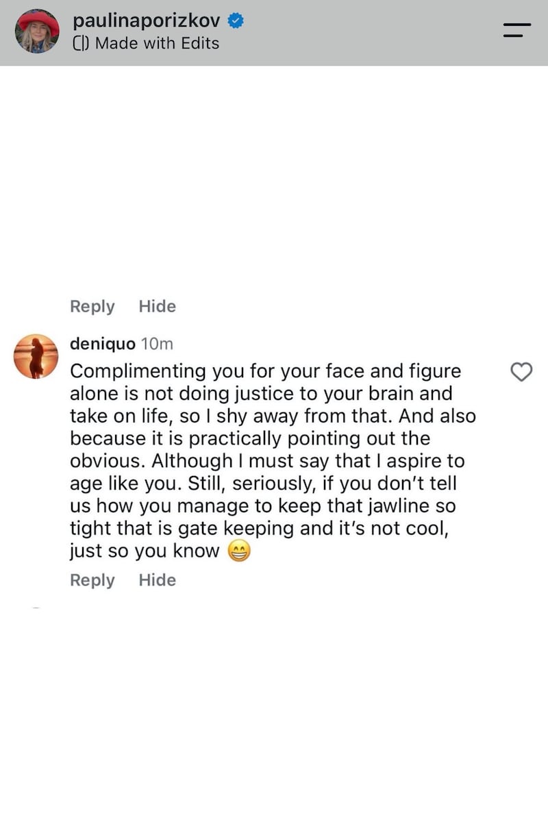 Paulina Porizkova replied to a commenter who urged her to share how she kept her jawline "so tight."