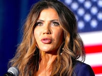 Kristi Noem speaks at the Citadel Patriot Dinner at the Citadel, November 6, 2025, in Charleston, SC.
