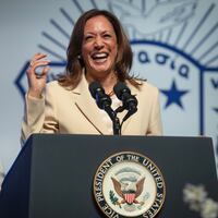 Kamala Harris in front of Zeta Phi Beta insignia