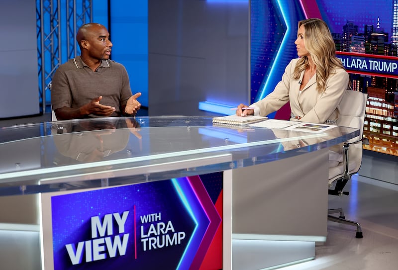 NEW YORK, NEW YORK - JULY 31: Charlamagne Tha God and host Lara Trump during an interview on "My View With Lara Trump" at Fox News Studios on July 31, 2025 in New York City. (Photo by Jamie McCarthy/Getty Images)