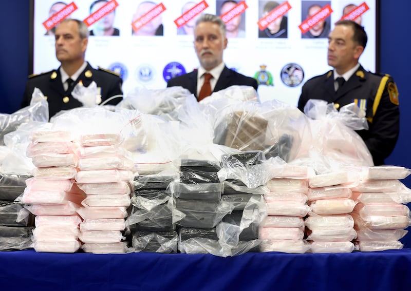 Cocaine from one of three seizures this year in the Los Angeles area from a group led by Canadian former Olympic snowboarder Ryan James Wedding, 43, sits on a table during a press conference at the FBI office in Los Angeles on October 17, 2024.
