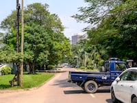 The Congolese Republican Guard and police block a road around the scene of an attempted Coup in Kinshasa.