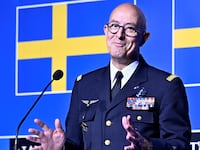 NATO's Supreme Allied Commander Transformation, General Philippe Lavigne addresses the press in Stockholm, Sweden