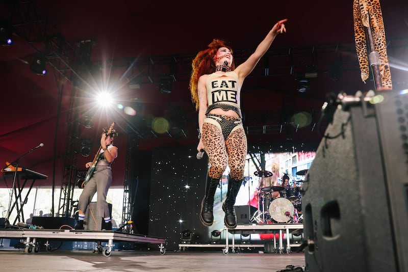 A photo of Chappell Roan performing on stage at Coachella