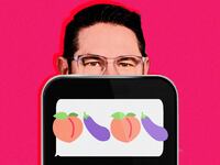 A photo illustration showing Dusty Deever’s eyes peaking over an Iphone text message with peach emojis and eggplant emojis.