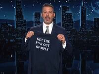 Jimmy Kimmel Live! Jimmy Kimmel holding shirt telling ICE to "Get the f---" out of Minneapolis.