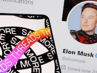 An illustration showing the Threads app logo and Elon Musk’s Twitter account.