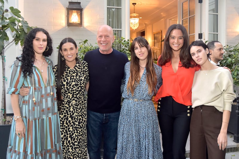 Rumer Willis, Demi Moore, Bruce Willis, Scout Willis, Emma Heming Willis, and Tallulah Willis attend Demi Moore’s 'Inside Out' Book Party in 2019.