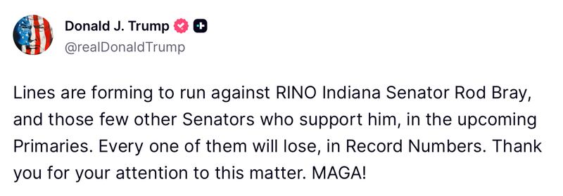Donald Trump posts about Indiana on Truth Social.